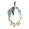 The Summer Love Bandana Charm Necklace at 6whiskey, six whisky, blaire multi charm scarf necklace, rope, chain, geometric, orange, yellow, blue, white, cream, gold plated, shiny, charm necklace, adjustable, modern western, rodeo, country concert, elevated, chunky, bold, moon, shark tooth, rhinestone, shiny, front view