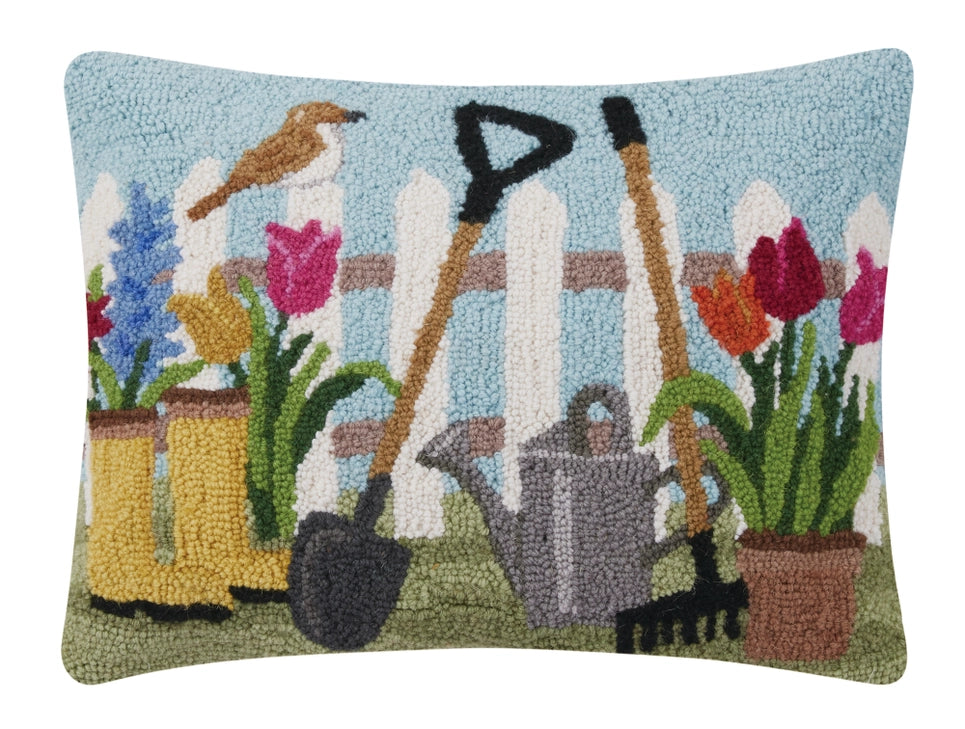 Spring scene wool hook decortive pillow at 6Whiskey six whisky birds tulips garden