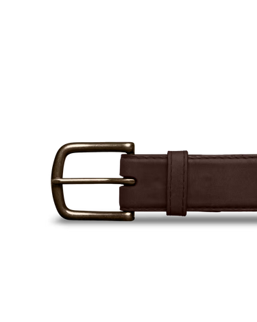 Men's Cafe brown goat and Cowhide leather Belt by Tecovas at 6Whiskey, six whiskey, antique brass hardware, 5 holes adjustable, high quality leather, durable, western, elevated, elegant, sleek, day to night, casual or dressy, must-have, men's gift, accessory, leather belt, front view close up of snap buckle for easy swapping