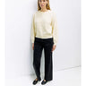 Sunbeam Stripe Sweater at 6Whiskey, six whisky, kinsley sweater, pale yellow, cream, stripped, long sleeve, crewneck, cuffed hem, ribbed hem, casual dress, SEC sorority girl, layer, church outfit, market, brunch date, casual weekend, summer, spring, top, pullover, sweater, front view.