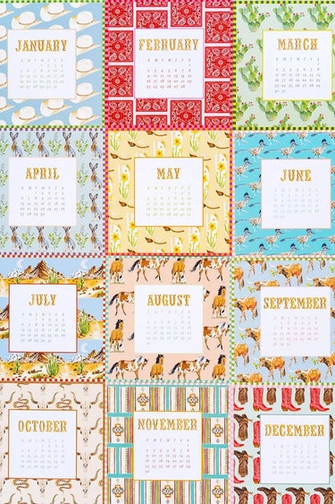Western Calendar by Catherine Cartie at 6Whiskey, six whisky, 2026 calendar, monthly calendar, colorful, multicolour, art, local artist, western graphics, original art, easel, display calendar, collectable. Monthly view. 