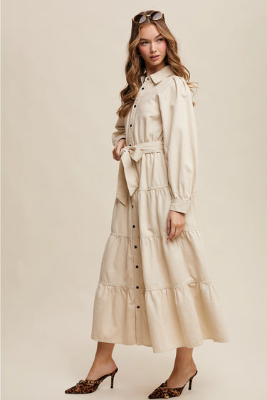 Bone Tiered Maxi Dress at 6Whiskey, six whisky, beige, collared, rustic front button detail, front bow, flowy, flattering silhouette, puff long sleeve, cuff wrist, casual western, versatile, timeless, high-quality material, side view
