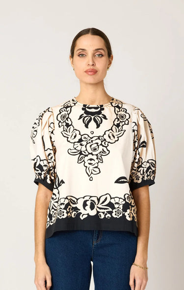 Kinsley Blouse by Cleobella at 6Whiskey, six whisky, short sleeves, puff sleeve, balloon sleeve, western floral print, roses, leaves, black and white, cream, button back, lightweight, versatile, transition piece, elevated western, classy, chic. Front view. 