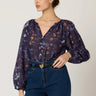 Viviana Top by Cleobella at 6Whiskey, six whisky, balloon sleeves, v-neck, button up, button closure, lightweight, breathable, fall floral print, vintage style, western, casual, boho, bohemian. Front view.
