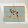 Rocking Horse Art Print by Catherine Cartie at 6Whiskey, six whisky, handprinted, watercolour, Carmel brown horse, dark main, saddle, vintage, western, pony, dusty blue, unframed, art decor, home decor, nursery, children, nostalgia, childhood, playful, front view. 