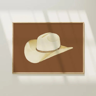 Cowboy Hat Art Print by Catherine Cartie at 6Whiskey, six whisky, canvas hat, cream, dark brown, burnt orange, neutral home decor, western decor, refined, classic, home goods, handpainted, watercolour, Front view. 