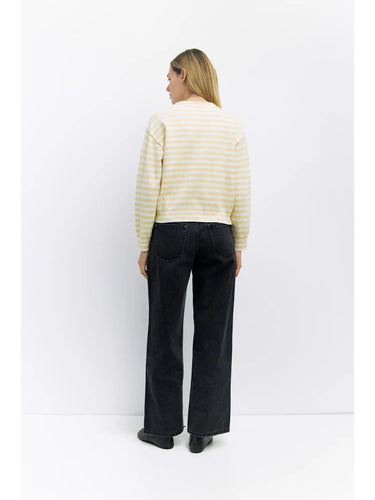 Sunbeam Stripe Sweater at 6Whiskey, six whisky, kinsley sweater, pale yellow, cream, stripped, long sleeve, crewneck, cuffed hem, ribbed hem, casual dress, SEC sorority girl, layer, church outfit, market, brunch date, casual weekend, summer, spring, top, pullover, sweater, back view.