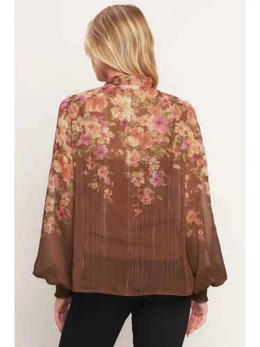 Heirloom Floral Blouse at 6Whiskey, six whisky, bow detail at the neck, lightweight, breathable, front buttons, ruffle detail, smocked cuff, billowy sleeves, long sleeve blouse, spring summer top, women's elevated western, chic, work outfit, work to weekend, church outfit, NFR, stockyards night out, easter blouse, back view