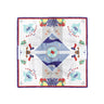 Lone Star State Silk Scarf, bandana, square, soft, smooth, texas icon graphics, texas pride, lone star, blue bonnet, cowboy boot, texas outline, texas flag, cactus, horseshoe, asymmetrical, stars, scallop boarder, red, white, blue, yellow, brown, green. Front view. 