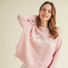 Howdy Pink Sweater at 6Whiskey, six whisky, felt howdy cursive lettering, ribbed neckline, cuffed sleeves, long sleeved, cold weather, warm sweater, cozy, soft knit, relaxed fit, classy, casual western top, winter sweater, layering top, front view
