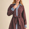 The Malboro Dress at 6Whiskey, six whisky, long sleeve, balloon sleeve, cuff, contrast placket collar and sleeve hem, bow detail, belt loops, light blue, burgundy, ivory pinstripe, business casual mini dress, work to weekend, work outfit, rodeo, country concert, lunch date, breathable, lighweight, feminine silhouette, chic, front view. 