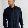 Long Sleeve Performance Pearl Snap by Tecovas at 6Whiskey, six whisky, front pockets, black on black, collared, breathable, elevated western, refined, elegant, men's western, work to weekend, sleek, western yolk stitching, ventilation, UV protection, sweat proof, moves with you, all year round staple, mens gift, rodeo, date night, versatile button down, front view.