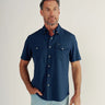 Short Sleeve Performance Pearl Snap in Navy by Tecovas at 6Whiskey, six whisky, collar, western yolk stitching, ventilation, UV proof, UPF protection, sweat proof, stretchy, moves with you, comfortable, spring, summer, short sleeves, keeps you cool, warm weather top, date night, rodeo, work, everyday, elevated western, stylish, modern western, refined, dark blue, sunglass pocket, front view.