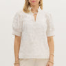 Floral Texture Top at 6Whiskey, six whisky, floral embroidery, white, split neckline, bubble sleeves, cuffed hems, flowy, southern charm, classy, stylish, cute, western, casual, aggies, tailgate, SEC, gameday, football game, front view.