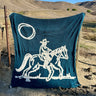 Lone Rider Blanket in teal at 6Whiskey, six whisky, blue, soft blanket, cozy, warm, comfortable, bed, couch, patio, bench, gift idea, western home decor, unique throw blanket, square blanket, large, handrawn design, country, ranch, front view.