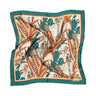 Madagascar Silk Bandana at 6Whiskey, six whisky, square, lightweight, breathable, Africa, cactus, lemur, plants, teal, orange, cream, blue, green, light orange, boarder, western accessory, fashion, unique, eye-catching, neck, bag, belt loop, front view. 