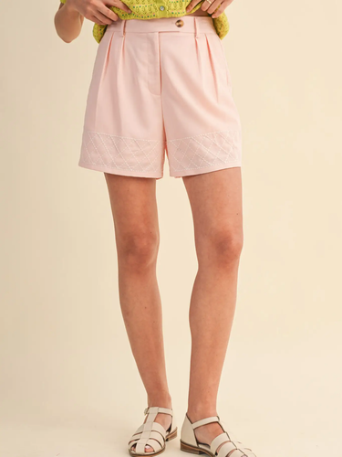 Rosebud Stitched Shorts at 6Whiskey, six whisky, baby pink, light pink, dusty pink, tailored look, pleated, tortoise shell buttons, belt loops, side pockets, faux back pockets, diamond embroidery white hem stitching, high waisted, flattering, feminine, southern charm, southern belle, girly, lined, modest length, summer and spring style, lunch, church, errands, market, casual chic, effortless cool, it girl, polished, put together, refined, front view