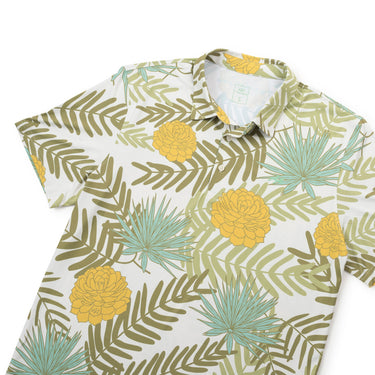 Yellow Rose Polo by Two Dove at 6Whiskey, six whisky, short sleeve, collared, stretchy, moves with you, golf, bbq hangout, lunch, vacation shirt, spring, summer, southern men, texas, floral print, personality, fun, breathable, lightweight, performance shirt, ventilation, soft, comfortable, front view