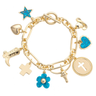 Cowboy Charm Bracelet at 6Whiskey, six whisky, chunky bracelet, heart charm, cross, skull, cowboy boot, flower, studded, shiny 18k gold plated, chain link, stackable, standalone, preppy western, casual western, bold, girly, sorority girl, turquoise, blue marble, front view