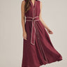Aggie darling dress at 6Whiskey, six whisky, midi dress, adjustable belt, v-neck, sleeveless dress, casual dress, western, contrast piping detail, collar, game day, tailgating, texas a&m, SEC, front view, full view, full length, maroon dress, burgundy dress, gameday outfit, button up front dress, casual chic aggie dress, aggies, a&m outfit, belted waist dress.