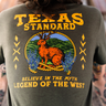 Texas Standard Jackalope tee at 6Whiskey six whisky lightweight and breathable. Texas Standard short sleeve cool wrinkle-resistant. Heathered green legend of the west tee. Backview graphic design on tee.