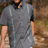 Grey Gray Trucha Guayabera Libre by Texas Standard at 6Whiskey, six whisky, unique blue embroidery, hidden zipper pocket on chest, breathable, lightweight, western, casual, versatile. Front view. Performance material. Summer Men's style. Texas outdoor style. 