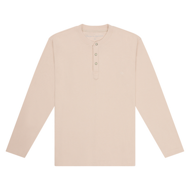 Rawhide Waffle Henley by Texas Standard at 6Whiskey, six whisky, long sleeve, waffle knit, light cream, pearl snap, layer, fall, winter, standalone, layer piece, elevated basic, casual western, comfortable, lightweight, breathable, rodeo, lunch outfit, gift idea for men, front view. 