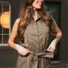 Tejas Guayabera Midi Dress at 6Whiskey six whisky by Texas Standard women's agave and gold stitching dress for everyday casual wear. tie waist pockets and collar. slight stretch. button up dress.
