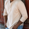 Rawhide Waffle Henley by Texas Standard at 6Whiskey, six whisky, long sleeve, waffle knit, light cream, pearl snap, layer, fall, winter, standalone, layer piece, elevated basic, casual western, comfortable, lightweight, breathable, rodeo, lunch outfit, gift idea for men, front view. 