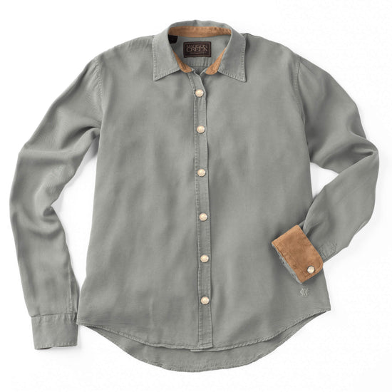 Women's Claire Solid Color Tencel Button Down at 6Whiskey six whisky madison creek outfitters MCO pearl snap in sage green