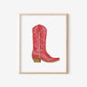 Red Boot Art Print by Catherine Cartie at 6Whiskey, six whisky, modern, trendy, sleek, western, fun, sassy, watercolor, painting, hand painted, old west series, home decor, display art, front view. 
