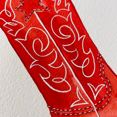Red Boot Art Print by Catherine Cartie at 6Whiskey, six whisky, modern, trendy, sleek, western, fun, sassy, watercolor, painting, hand painted, old west series, home decor, display art, detail view. 