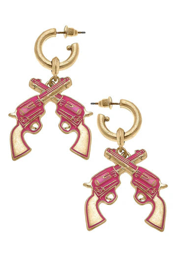 Revolvers Rodeo earrings 6 whiskey six whisky hot pink hoop jewelry country girly