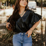 Black Leather Ruffle Top at 6Whiskey six whisky ruffle short sleeve black faux leather boxy keyhole back