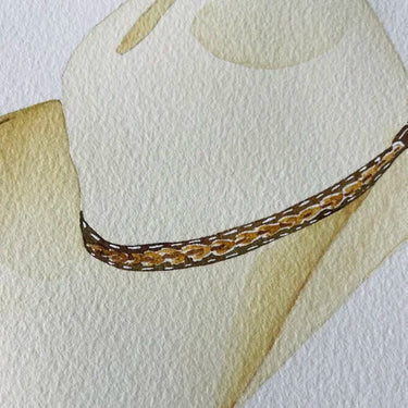 Cowboy Hat Art Print by Catherine Cartie at 6Whiskey, six whisky, canvas hat, cream, dark brown, burnt orange, neutral home decor, western decor, refined, classic, home goods, handpainted, watercolour, braided detail, Detail view. 