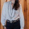 Laredo Lace Blouse by Tasha Polizzi at 6Whiskey, six whiskey, Amy shirt, long sleeve white blouse, lightweight, flowy, feminine, delicate, chic, stylish, effortless, western couture, western chic, country, texas, southern charm, SEC, lace, buttons, v-neck, flattering. Front view.