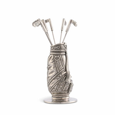 Golf Bag Cocktail Picks at 6Whiskey, six whisky, silver, pewter, stainless steel, high quality, durable, elevated, classy, elegant, sporty, unique, golf clubs picks, cheese pick, appetizer accessory, charcuterie board accessory, gift idea, men's gift, front view