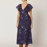 Victoria Midi Dress by Cleobella at 6Whiskey, six whisky, v-neckline, flutter sleeves, flattering, cinched waist, stylish, romantic, date night, night out, western, casual, everyday, fall, winter, pleated bust. Front view.