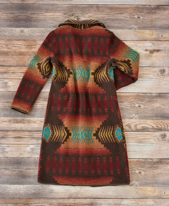 Load image into Gallery viewer, Tasha Polizzi Long Red and Teal Aztec Borderline Coat at 6Whiskey six whisky womens fall Back flat lay
