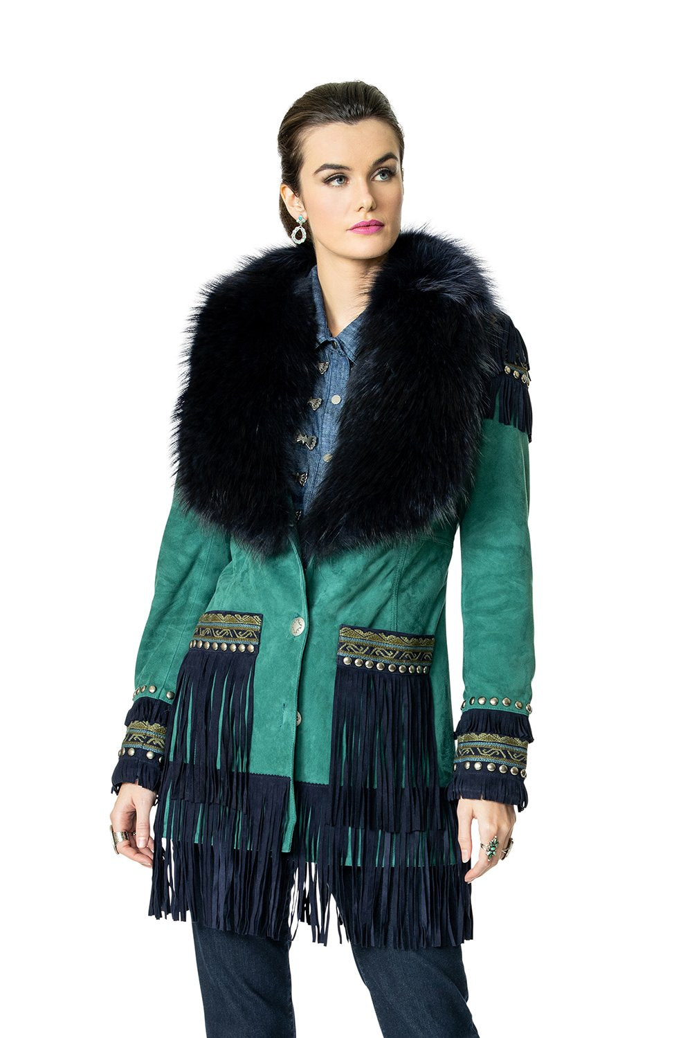Load image into Gallery viewer, DDR Sandia Pass Teal Jacket 6Whiskey six whisky knee-length leather fringe coat Taos Holiday collection C2756
