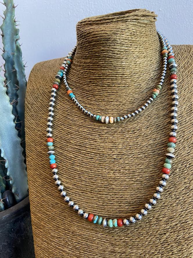Mix Sterling Silver Bead Neckalce with Turquoise at Red Coral at 6Whiskey six whisky adjustable layering neckalces