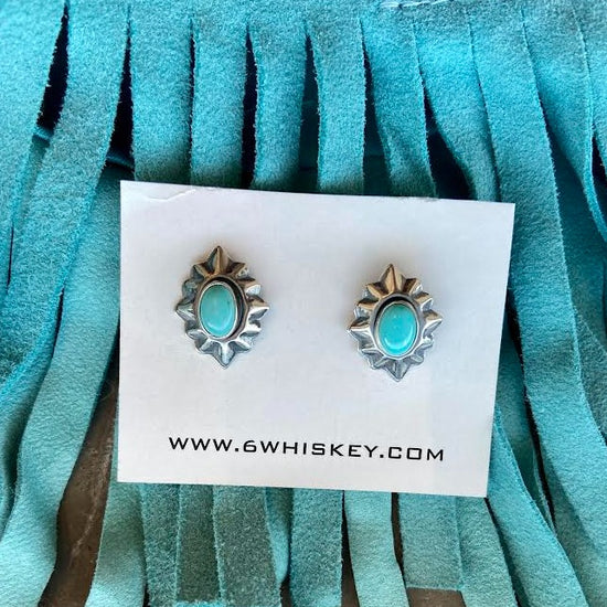Sunburst silver turquoise studs at 6Whiskey six whisky sterling silver one of a kind western gift idea