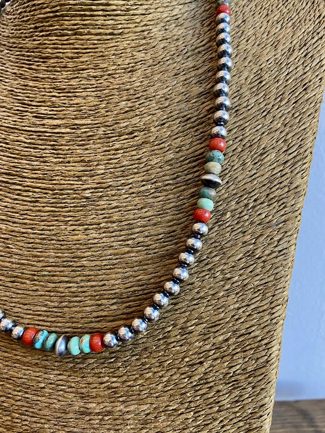 Load image into Gallery viewer, Mix Sterling Silver Bead Neckalce with Turquoise at Red Coral at 6Whiskey six whisky adjustable layering neckalces larger 18&amp;quot; 
