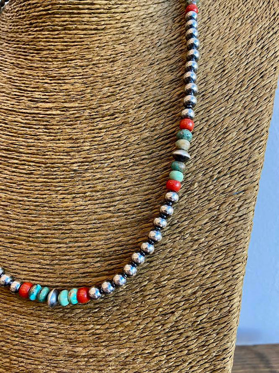 Load image into Gallery viewer, Mix Sterling Silver Bead Neckalce with Turquoise at Red Coral at 6Whiskey six whisky adjustable layering neckalces larger 18&amp;quot; 
