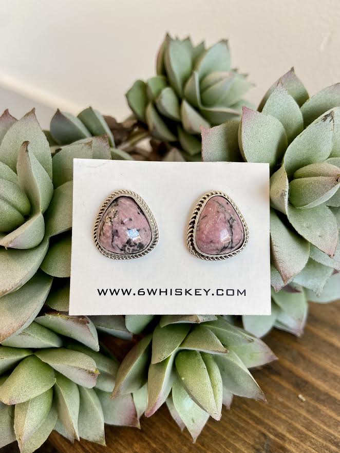 pink stone w/ black crackle stud with silver rope at 6Whiskey six whisky sterling silver earrings western valentines gift idea
