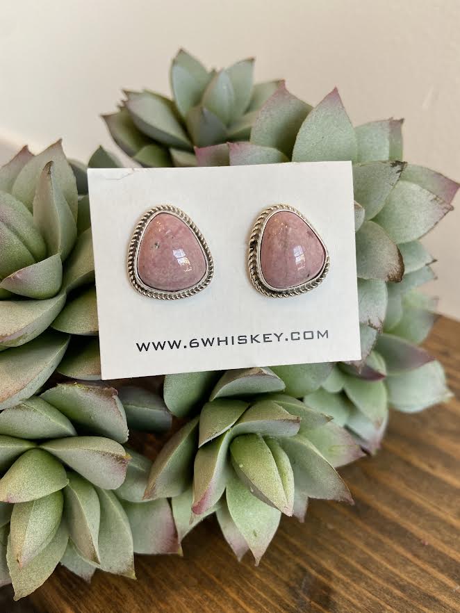 pink stone stud with silver rope at 6Whiskey six whisky sterling silver earrings western valentines gift idea