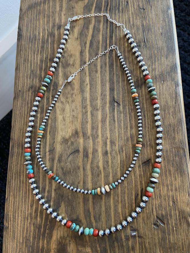 Mix Sterling Silver Bead Neckalce with Turquoise at Red Coral at 6Whiskey six whisky adjustable layering neckalces