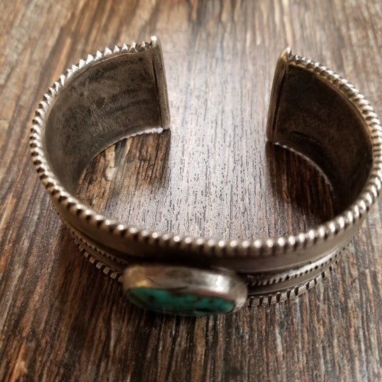 Load image into Gallery viewer, Vintage Coin Silver Cuff w/ Turquoise Trader Bead
