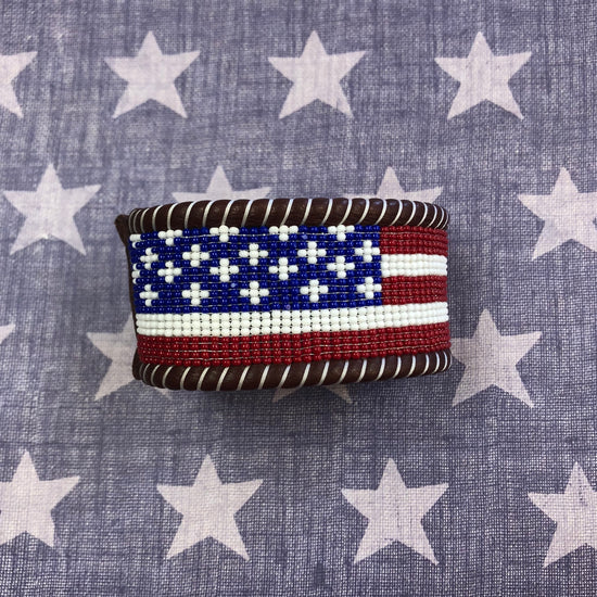 Hand beaded American flag leather cuff 6 Whiskey six whisky