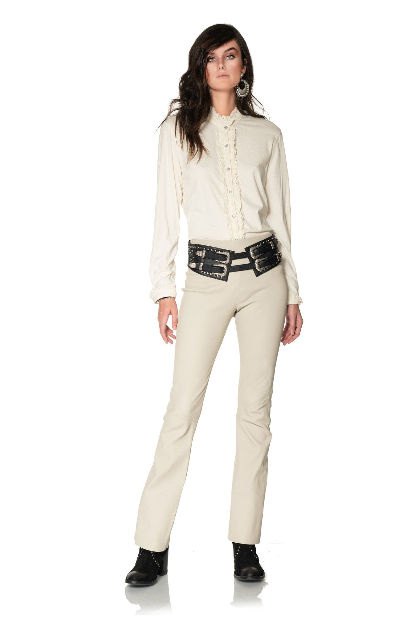 DDR Leather Bandit Pant P491 in string/white flare leg at 6Whiskey six whisky Maria Spring 2021